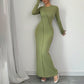Casual Slim-fit Solid-color Long-sleeve Crew-neck Sheath Dress