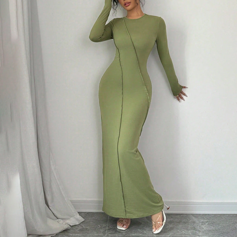 Casual Slim-fit Solid-color Long-sleeve Crew-neck Sheath Dress