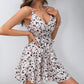 Suspender Dress Womens V-Neck Adjustable Buckle Lace-Up Sexy Semi-Covered Bust Floral Print Dress