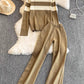 Casual Knitted Long Sleeve Wide Leg Pants Set