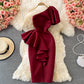 Women's Waist Three-dimensional Ruffled Slanted Shoulder Dress