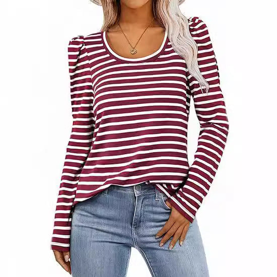 Women's Long-sleeved Round Collar T-shirt Puff Sleeve