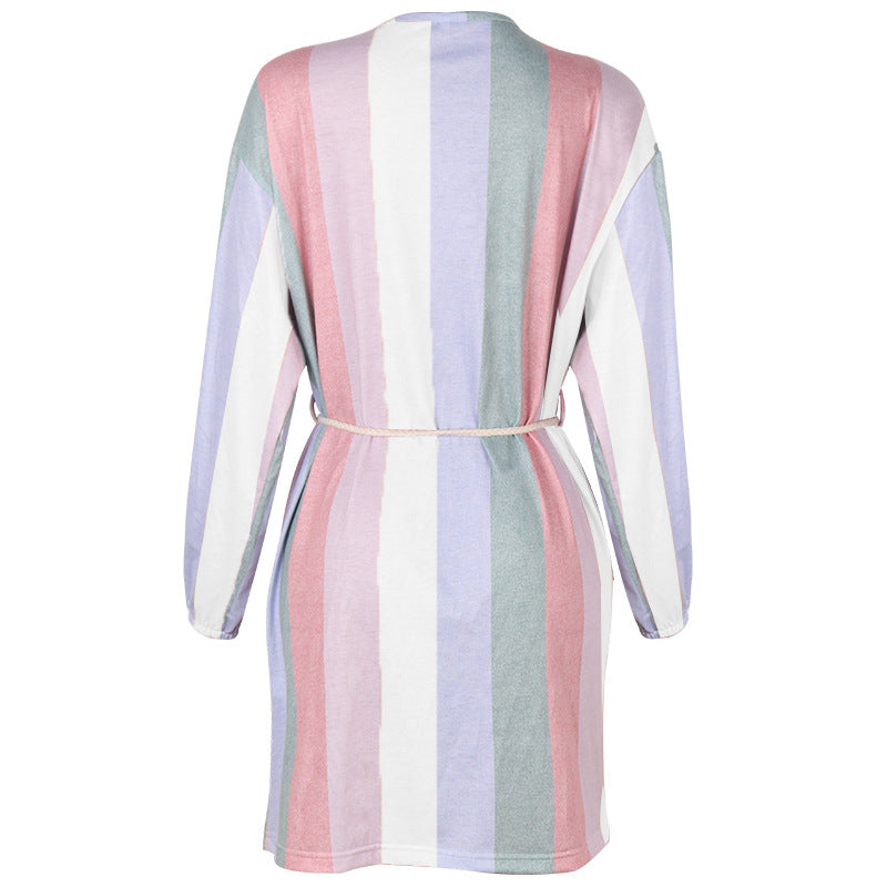 Printed Loose Belt Vertical Stripes Windbreaker Jacket