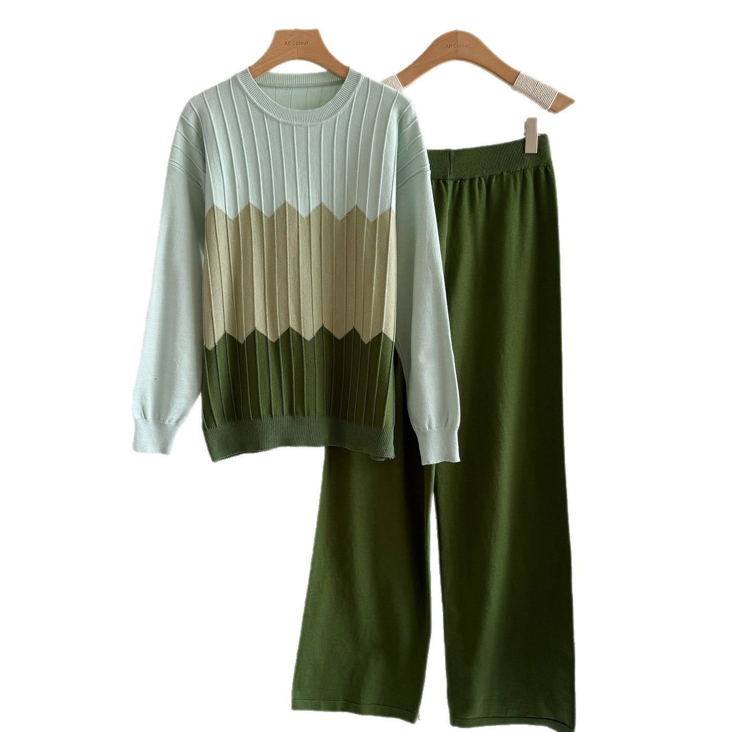 New Casual Contrast Color Round Neck Long Sleeve Women's Suit