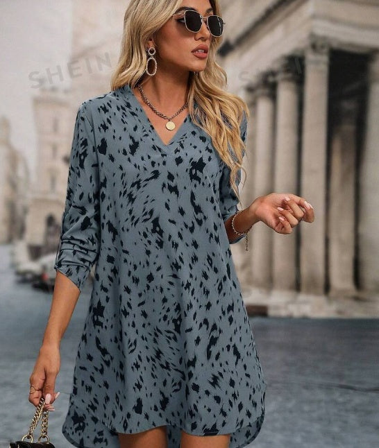Robe à manches retroussables imprimée sur toute la surface pour femme, décontractée, haute et basse, manches longues, col en V, coupe classique, courte, abricot, manches retroussables, tunique imprimée sur toute la surface, robes courtes pour femmes