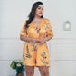 Women's Deep V Print Short Sleeve Waist Casual Siamese Shorts