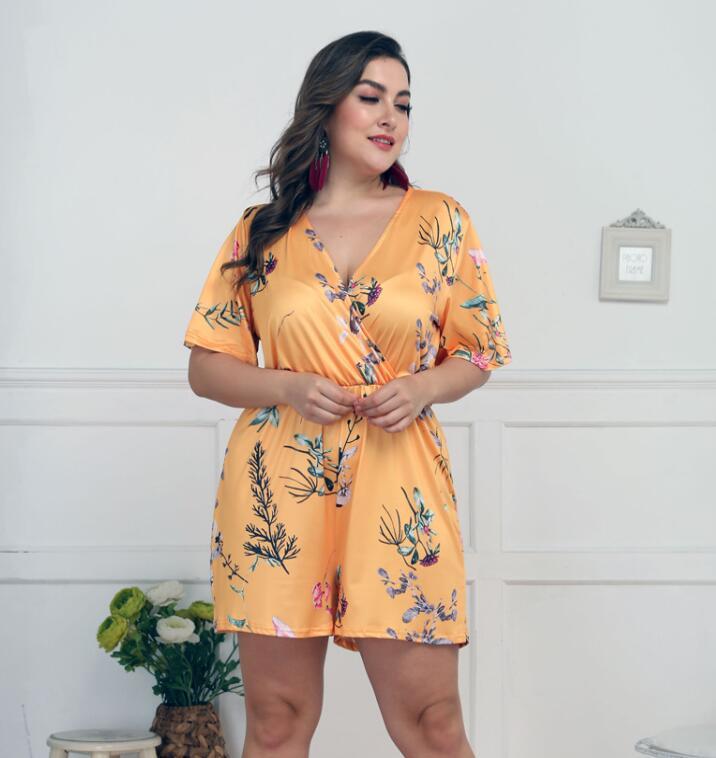 Women's Deep V Print Short Sleeve Waist Casual Siamese Shorts