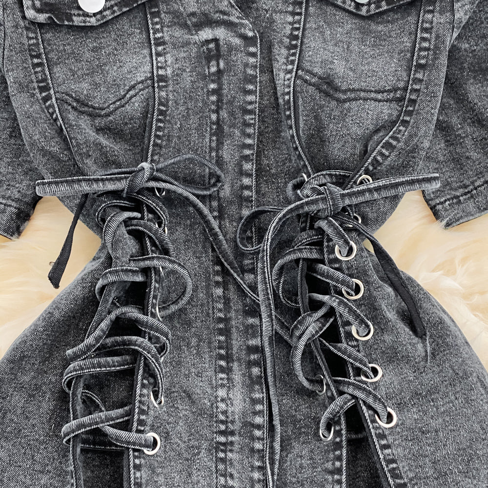 Black V-neck Tie Waist Denim Dress For Women