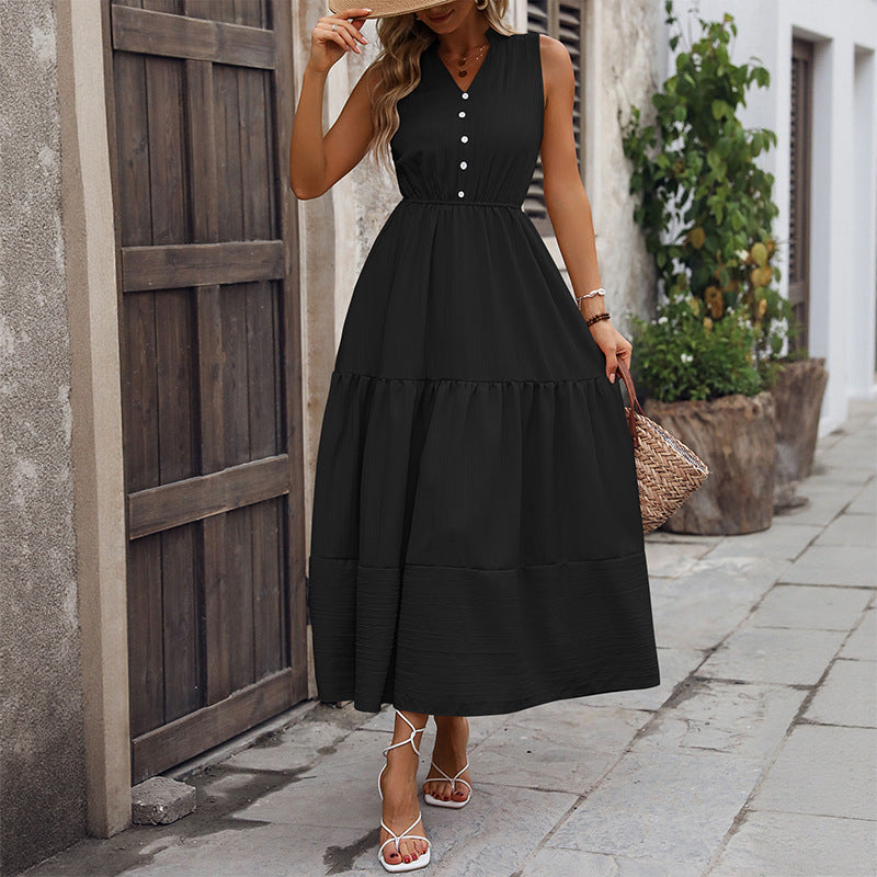 Summer New Womens Solid-Colored Sleeveless Stand-Collar Dress For Women