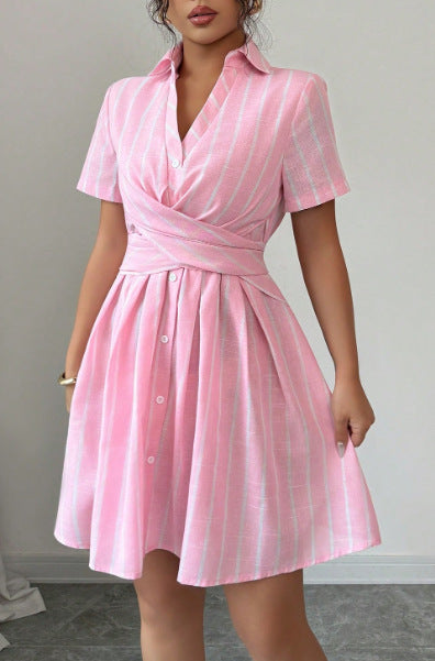 Strap-waisted Striped Shirt-style Short Dress