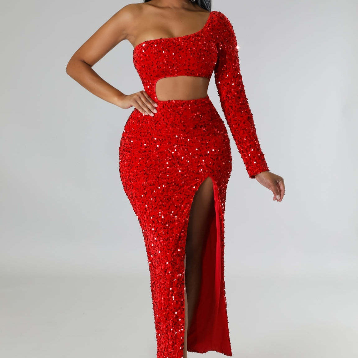 One-shoulder Fashionable Sequins Navel Split Hip Women's Clothing Dress