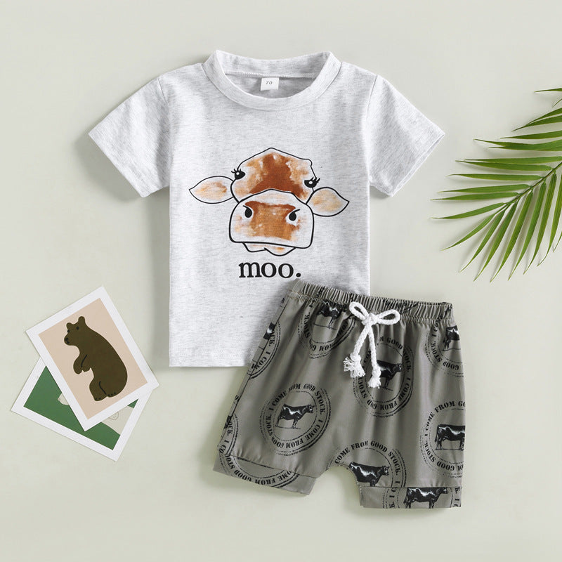 Boys' Printed Letters Round Neck Short Sleeve Shorts Suit
