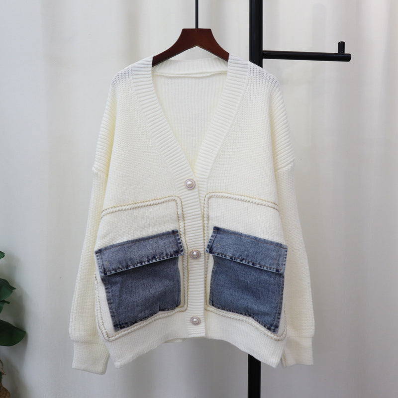 Cardigan tricoté à poches en jean, design ample, tempérament polyvalent, pull-over