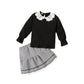 Ensemble trois pièces pour fille, haut à manches longues en tricot avec col en dentelle, jupe courte en dentelle à carreaux avec chapeau