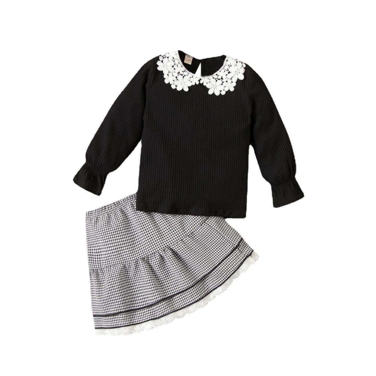 Ensemble trois pièces pour fille, haut à manches longues en tricot avec col en dentelle, jupe courte en dentelle à carreaux avec chapeau