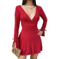 Valentine's Day Women's Solid-Color Deep V-Neck Long-Sleeve Drawstring Slim-Fit Dress