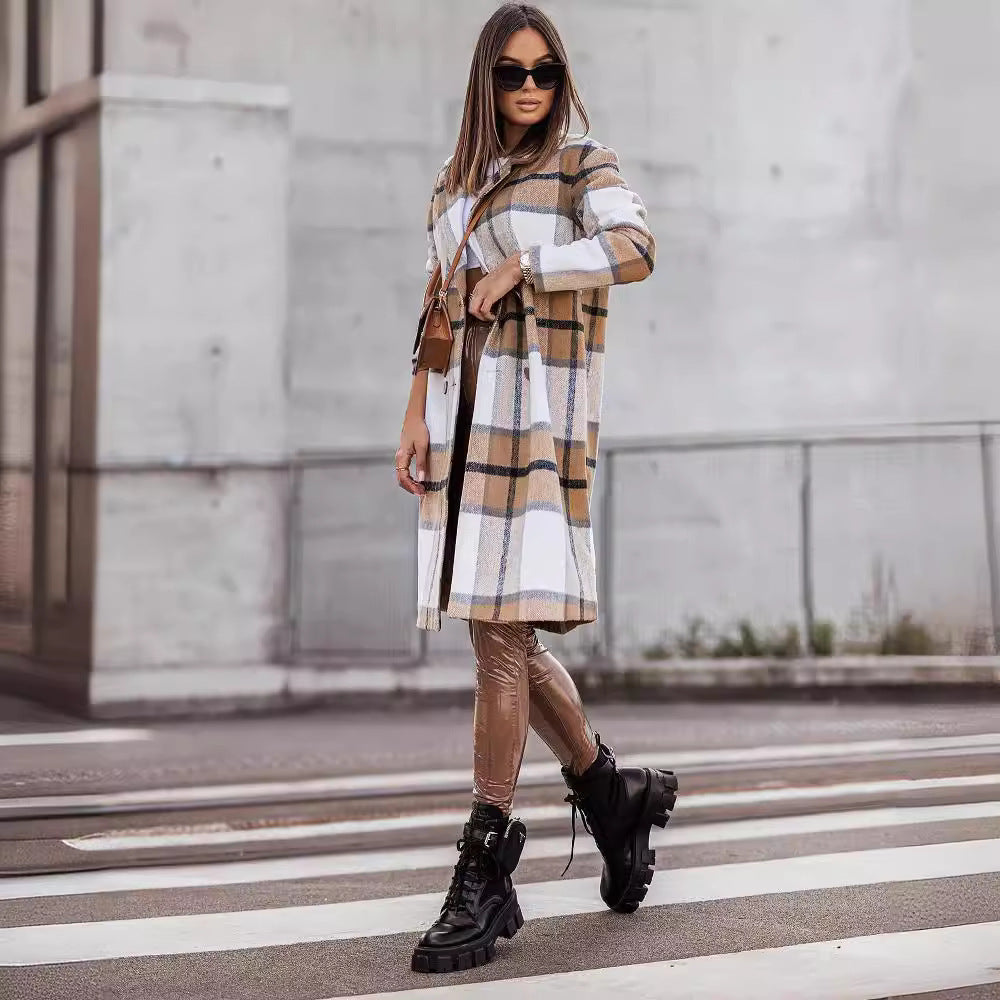 Manteau mi-long en laine brossée à carreaux, tendance automne-hiver européenne et américaine