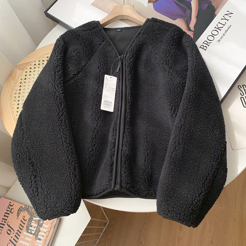 V-Neck Zipper Lamb Fleece Warm Short Coat