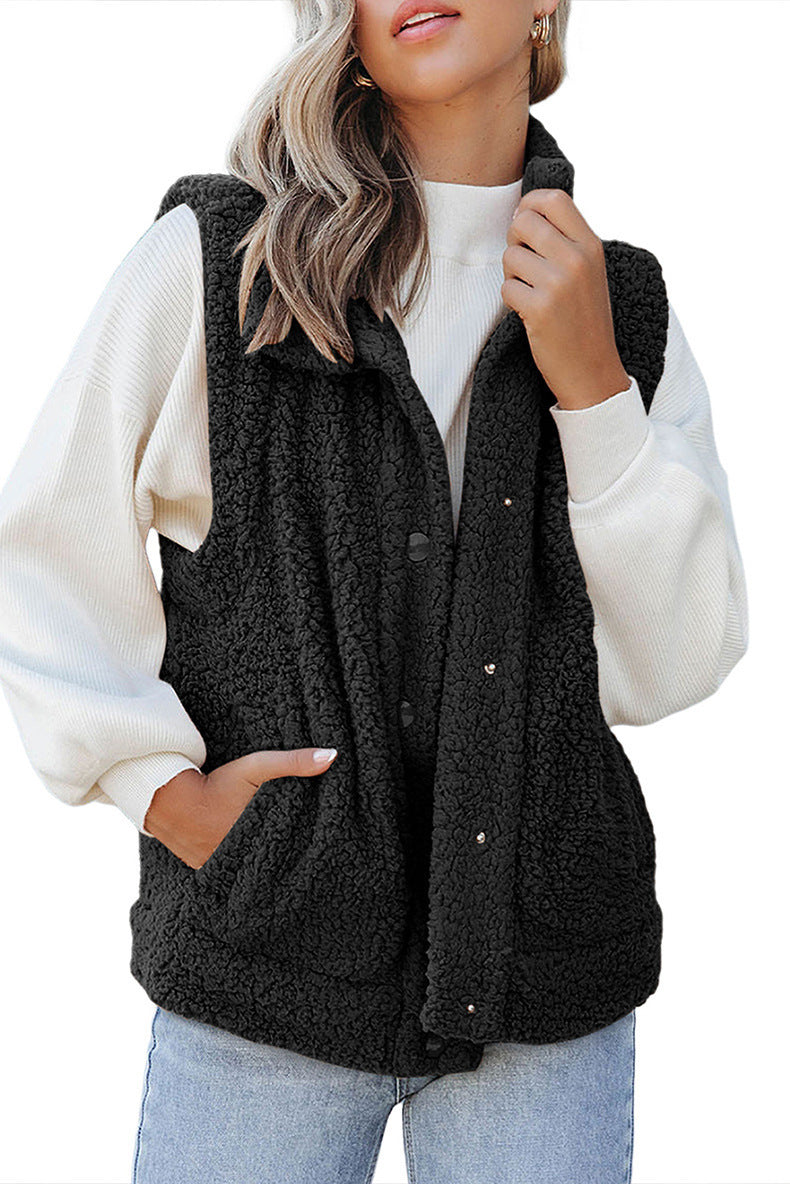 Autumn And Winter Solid Color Vest Women's European And American Leisure Style Button Pocket Warm Sleeveless Top