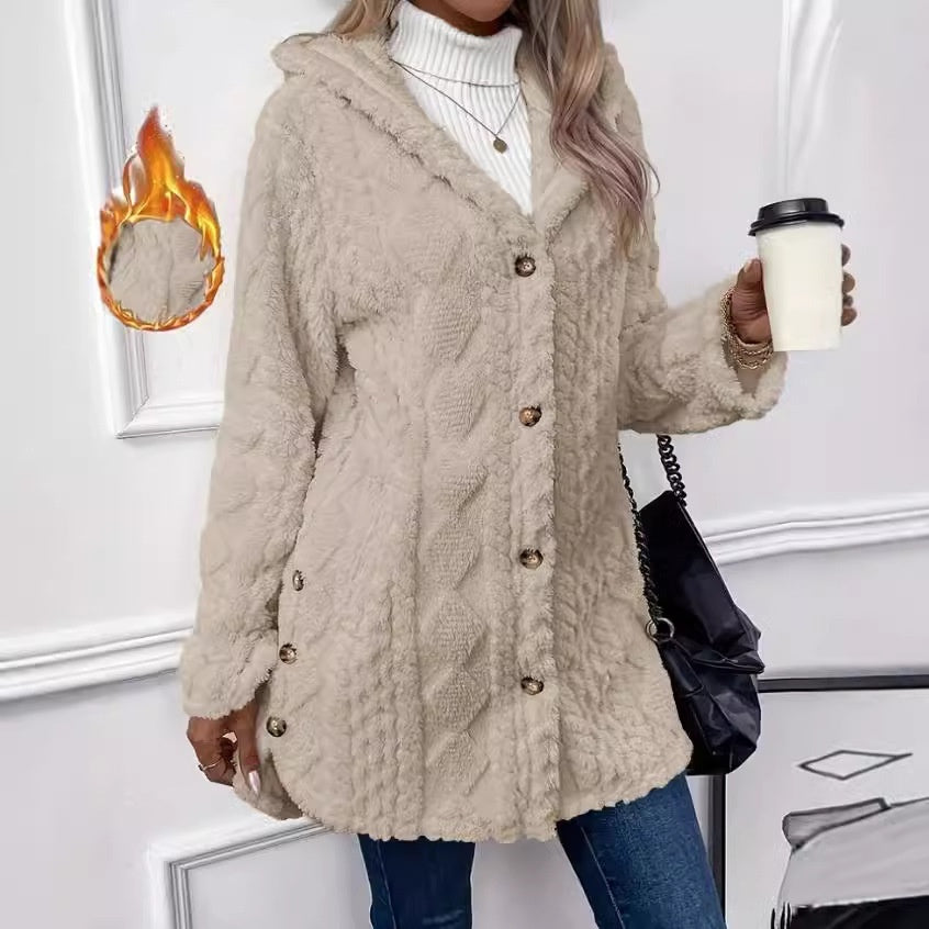 Cardigan à capuche boutonné, veste longue d'hiver, manteau à manches longues de couleur unie