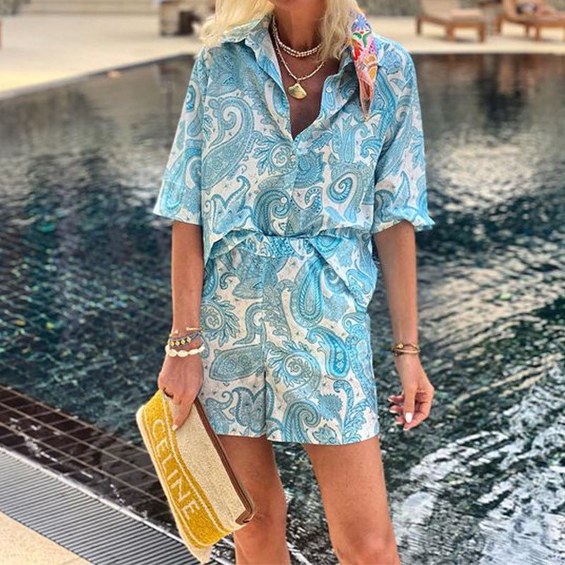 European American Fashion Floral Print Vacation Short Sleeve Shirt Shorts Two-piece Suit
