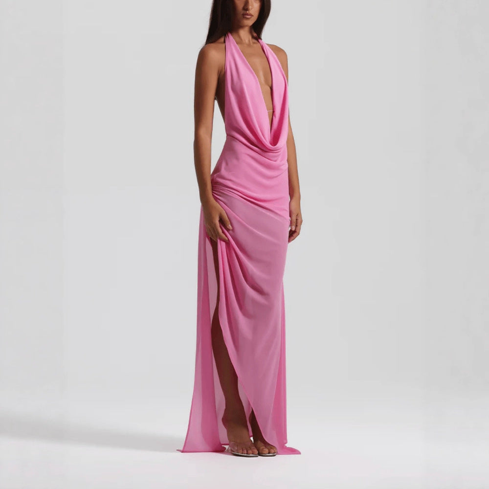 Deep V-neck Backless Sexy Asymmetrical Ruffled Dress
