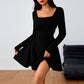 Elegant Square-neck Dress With A High-waisted Designer-style Wine-red Hue
