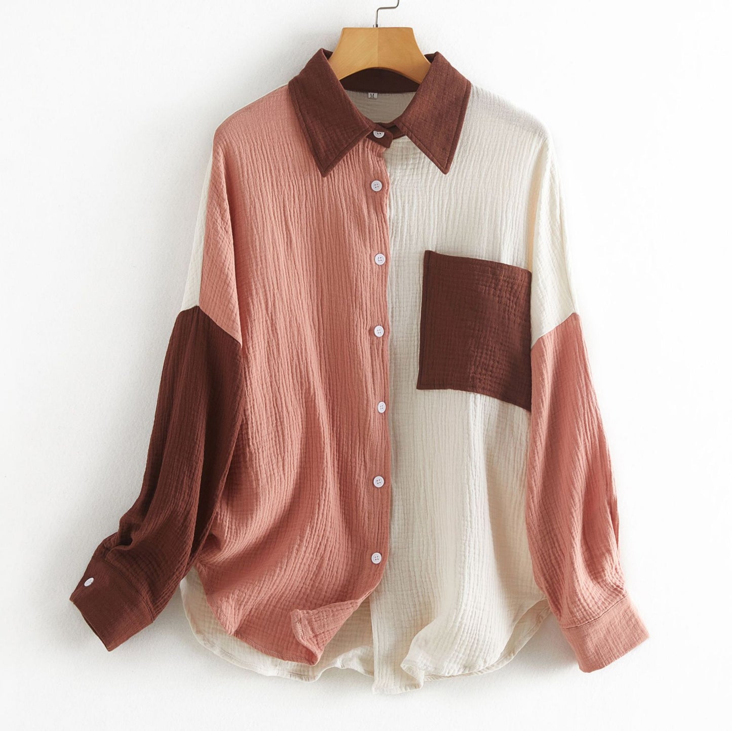 Women's Color Contrast Patchwork Drop-shoulder Long-sleeve Shirt