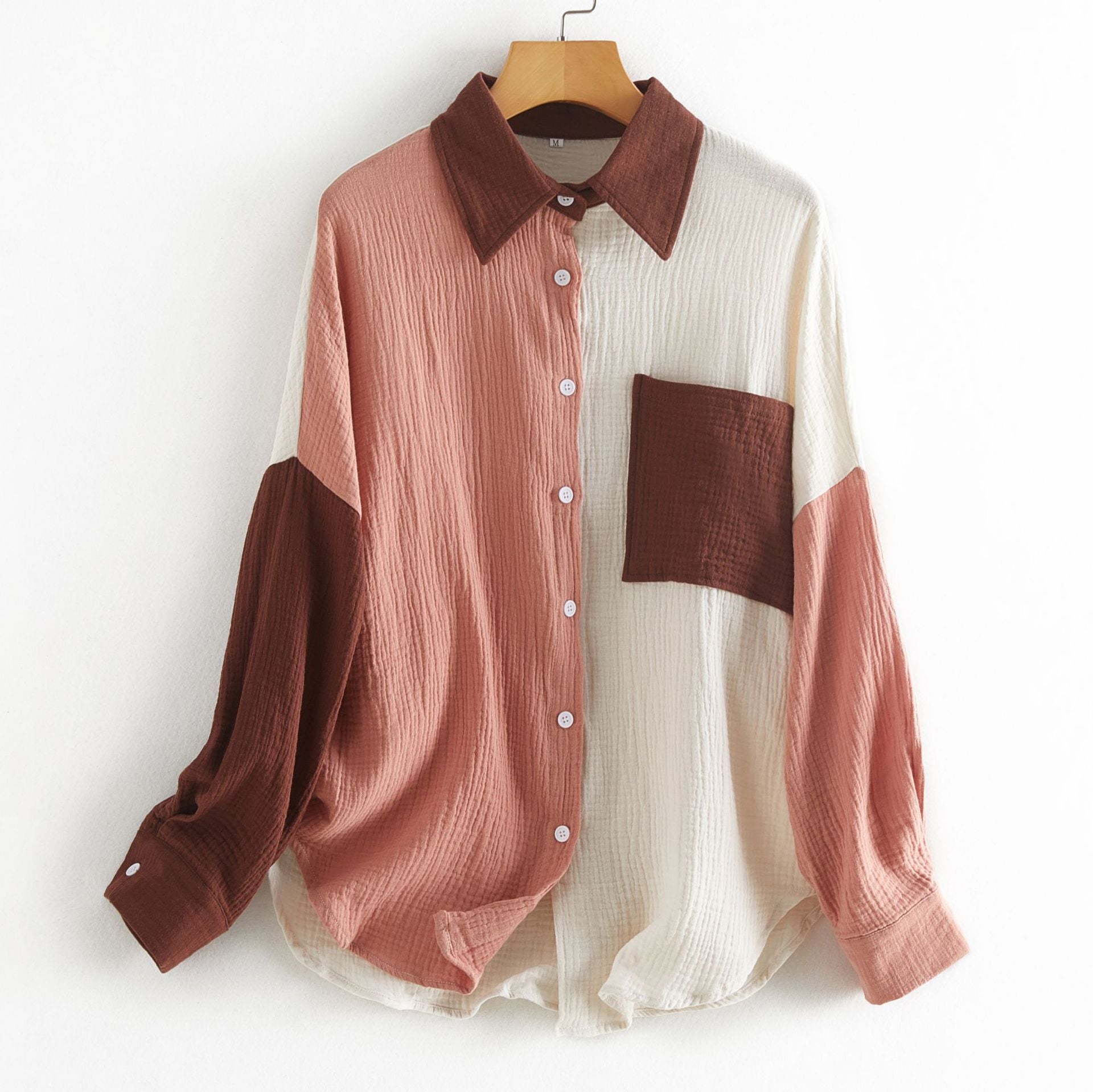 Women's Color Contrast Patchwork Drop-shoulder Long-sleeve Shirt
