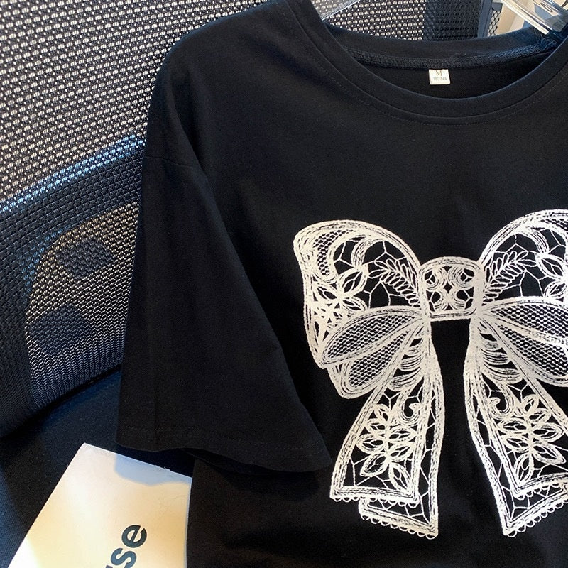 Nouveau t-shirt à manches courtes imprimé nœud papillon pour femme