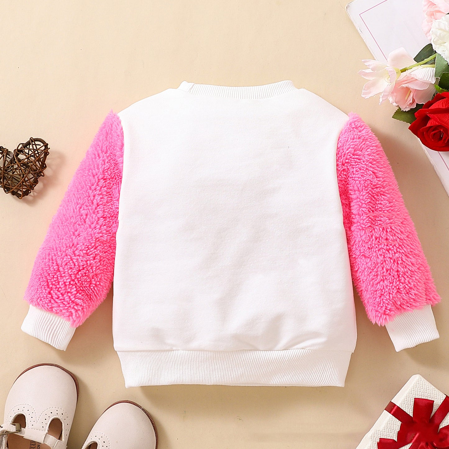 T-shirt bébé fille blanc imprimé lettres anglaises en coton à manches longues et fourrure
