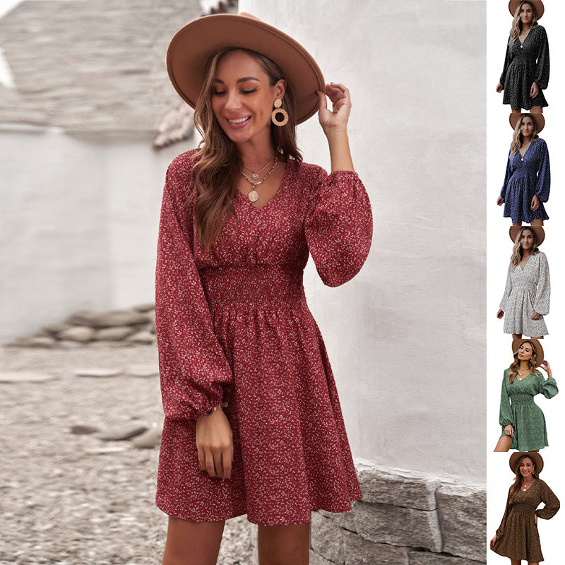 Robe à manches longues à imprimé pois, col en V, manches lanternes, taille plissée, coupe trapèze, vêtements pour femmes