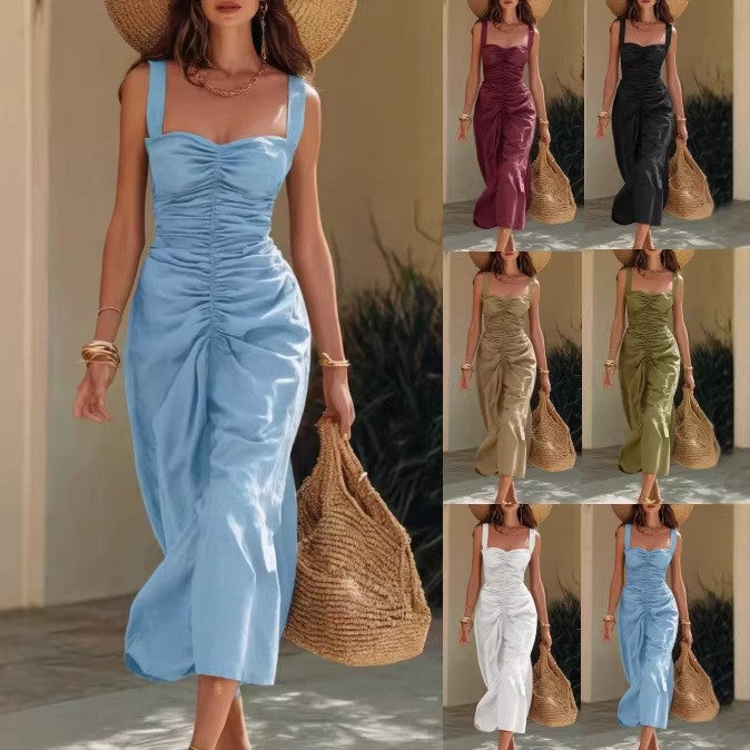 Elegant Cotton-Linen Resort-Style Dress With Wide Straps And Ruffled Hem