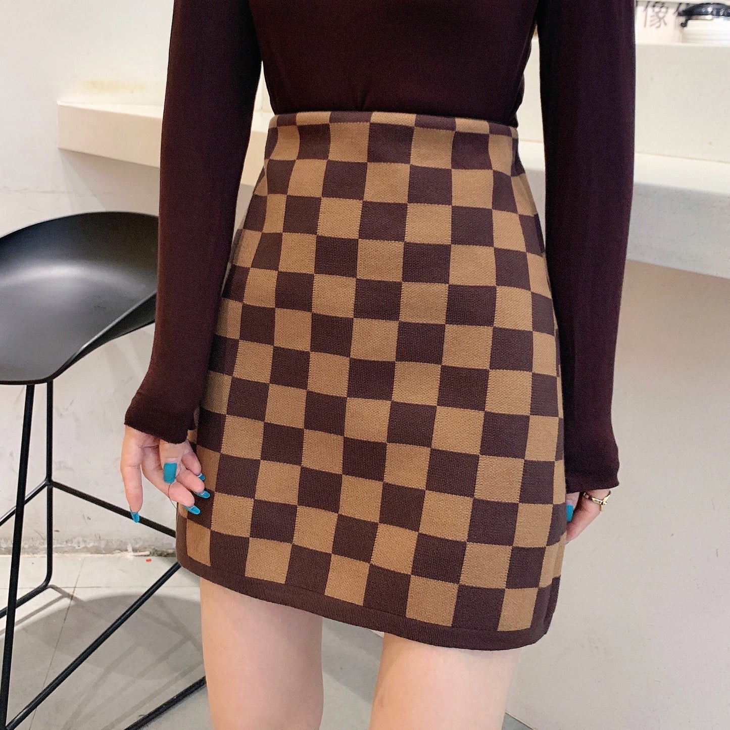 Jupe taille haute en tricot à carreaux pour femme