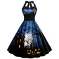 Robe d'Halloween imprimée tête de mort et toile d'araignée pour femme, jupe taille haute à bretelles