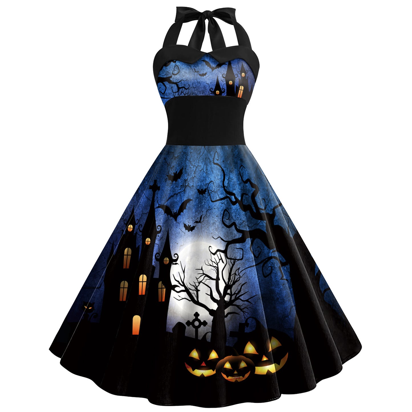 Robe d'Halloween imprimée tête de mort et toile d'araignée pour femme, jupe taille haute à bretelles