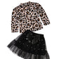 Leopard print long-sleeved lace skirt girl suit