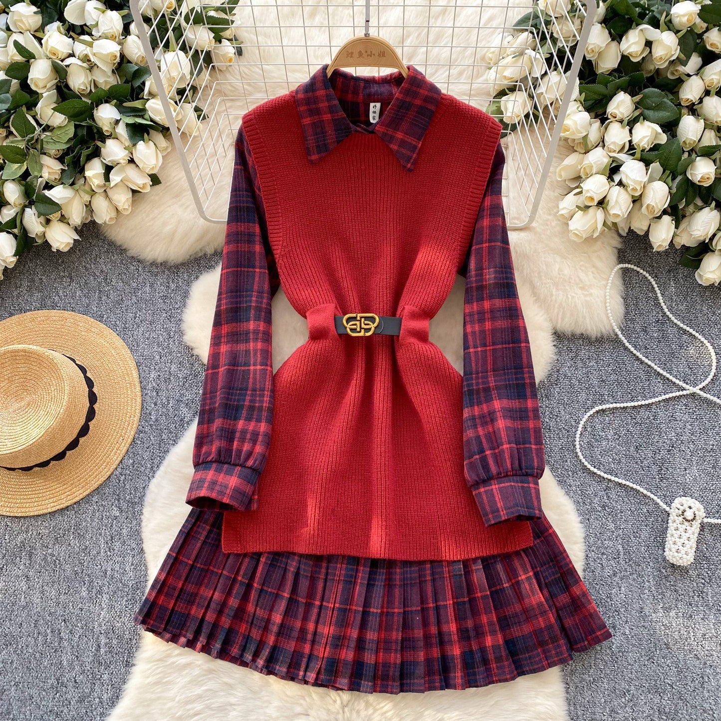Women's Fashion Retro Color-contrast Check Suit