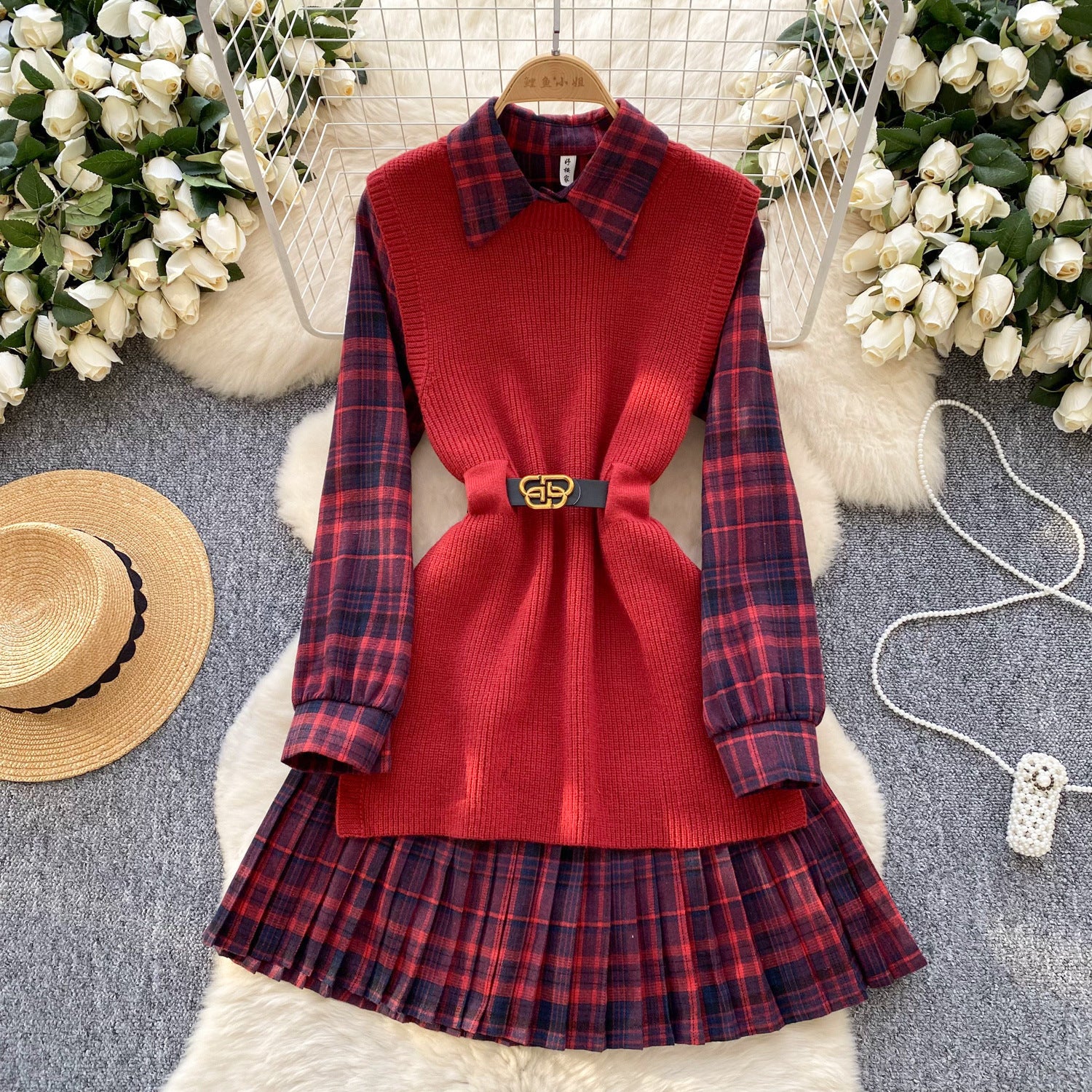 Women's Fashion Retro Color-contrast Check Suit