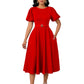 Elegant High-waisted Solid-color Round-neck Dress With Fashionable Balloon Sleeves