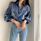 Lantern Sleeve Long Sleeve Shirt With Lapel Pocket