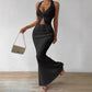 Women's Solid Color Twist Front Hanging On Neck Crop Top And Fishtail Midi Skirt