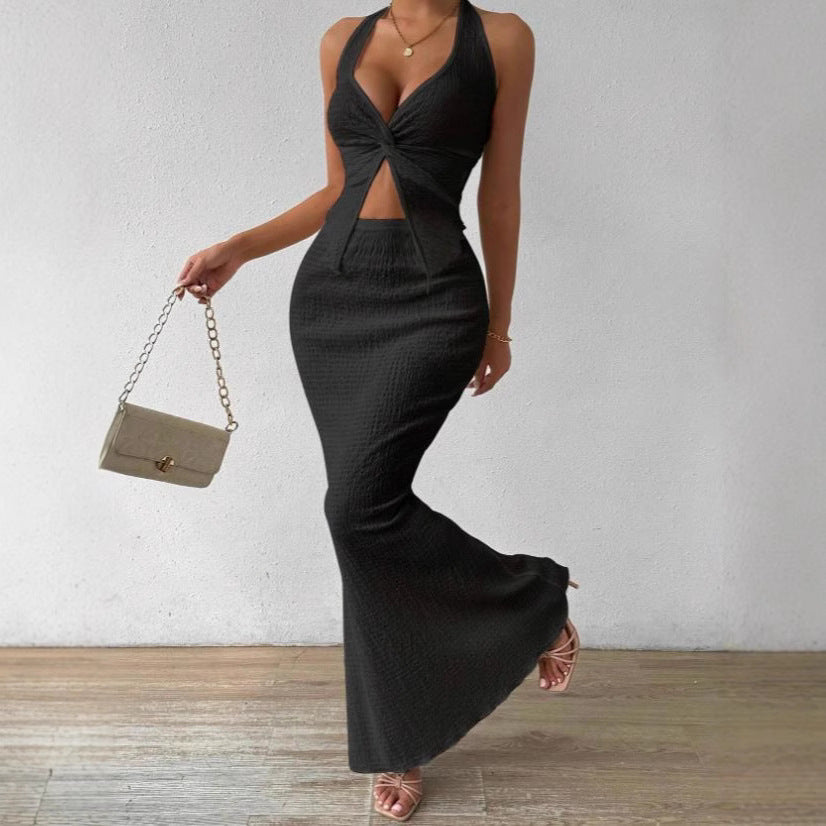 Women's Solid Color Twist Front Hanging On Neck Crop Top And Fishtail Midi Skirt