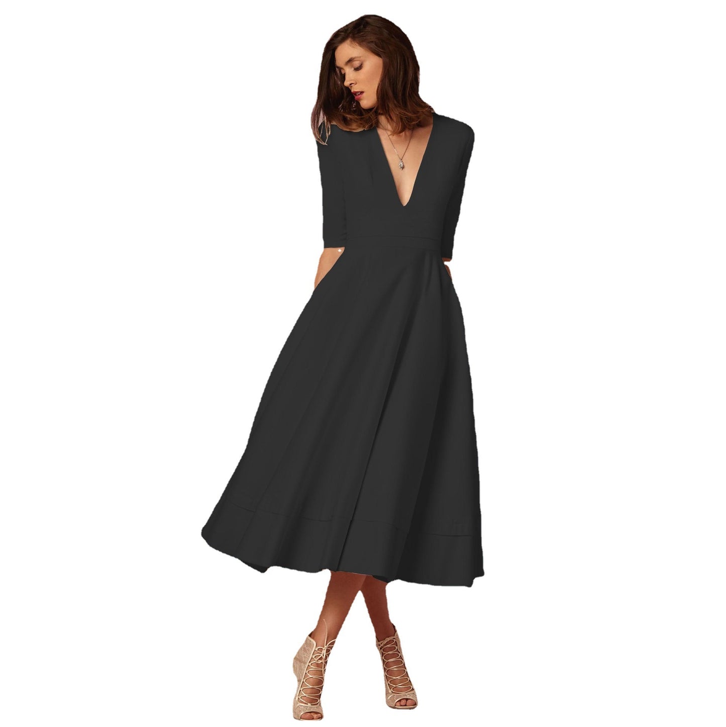 Women's Clothing Evening Dress Deep V Mid-sleeve Large Swing Dress