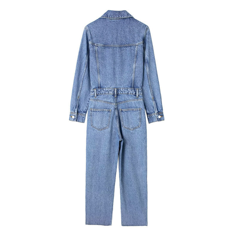 Summer Waist-tight Straight-leg Denim Jumpsuit