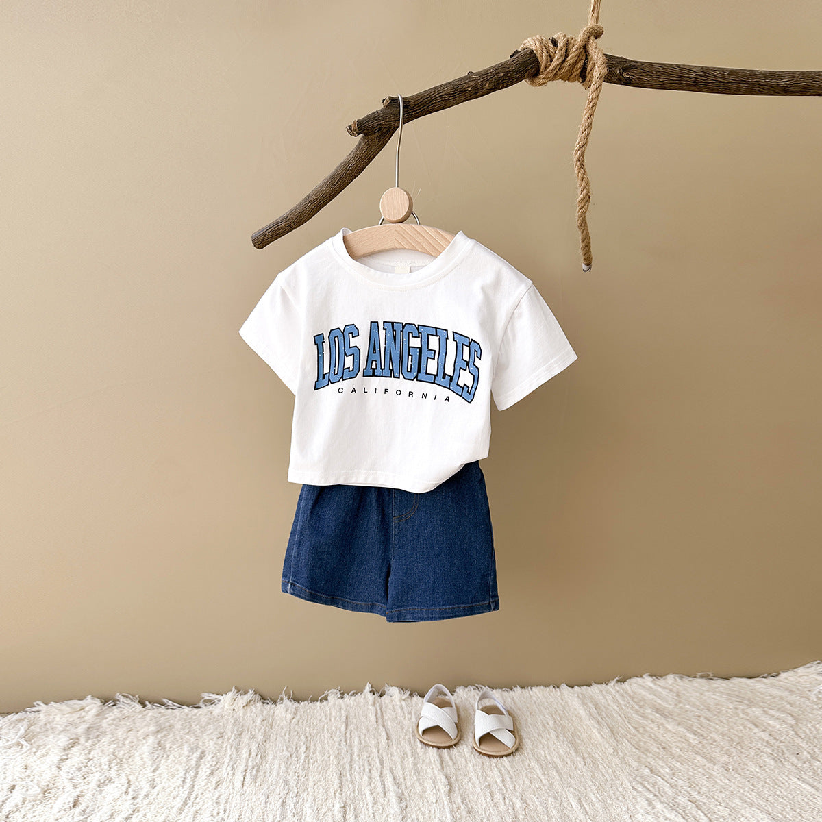 Summer Baby Letter Print Short-sleeve Top Denim Shorts Suit