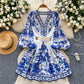 V-neck Lantern Sleeve Pleated A- Line Short Skirt