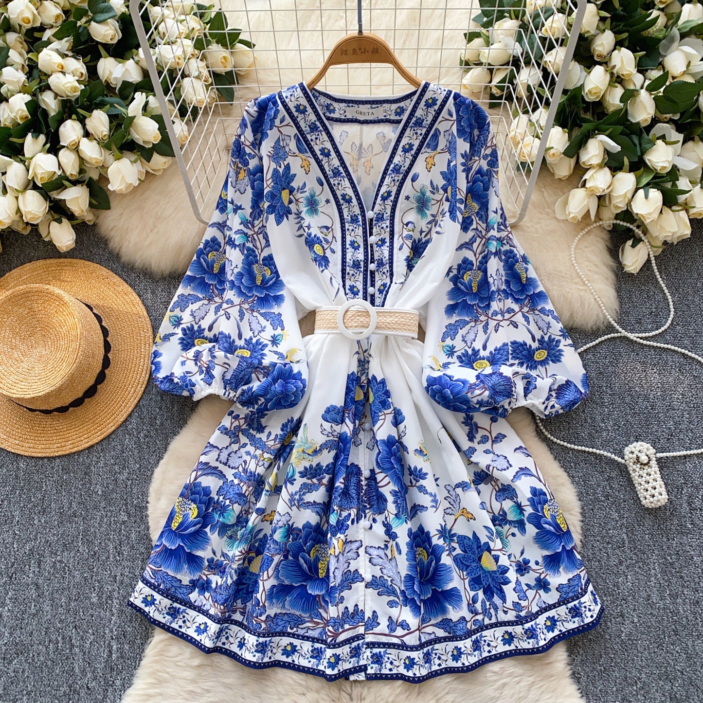 V-neck Lantern Sleeve Pleated A- Line Short Skirt