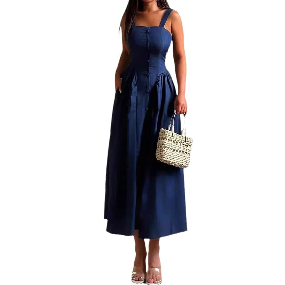 New Women's Fashion Casual Sleeveless Solid Color Waist Tight Dress