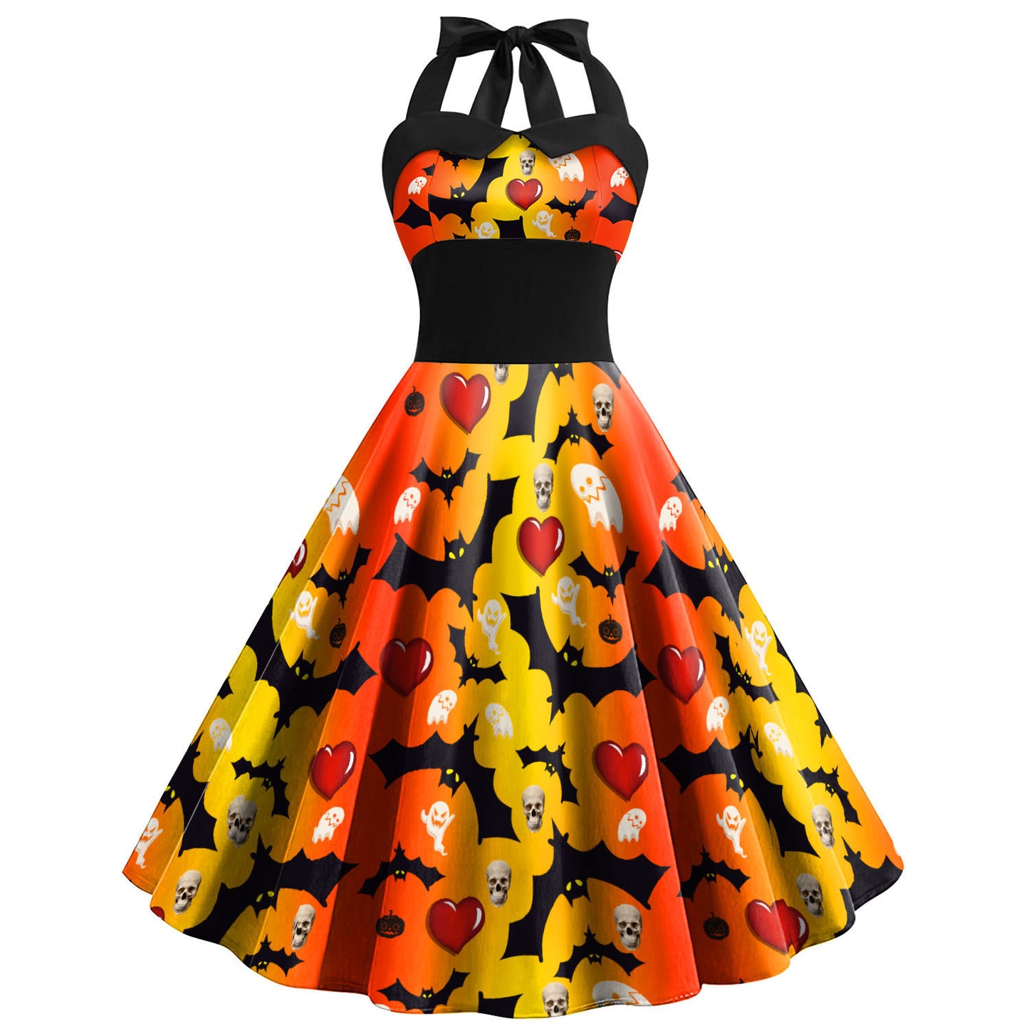 Robe d'Halloween imprimée tête de mort et toile d'araignée pour femme, jupe taille haute à bretelles